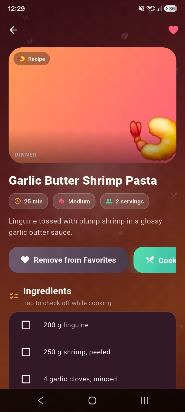Foodie Guide recipe screen